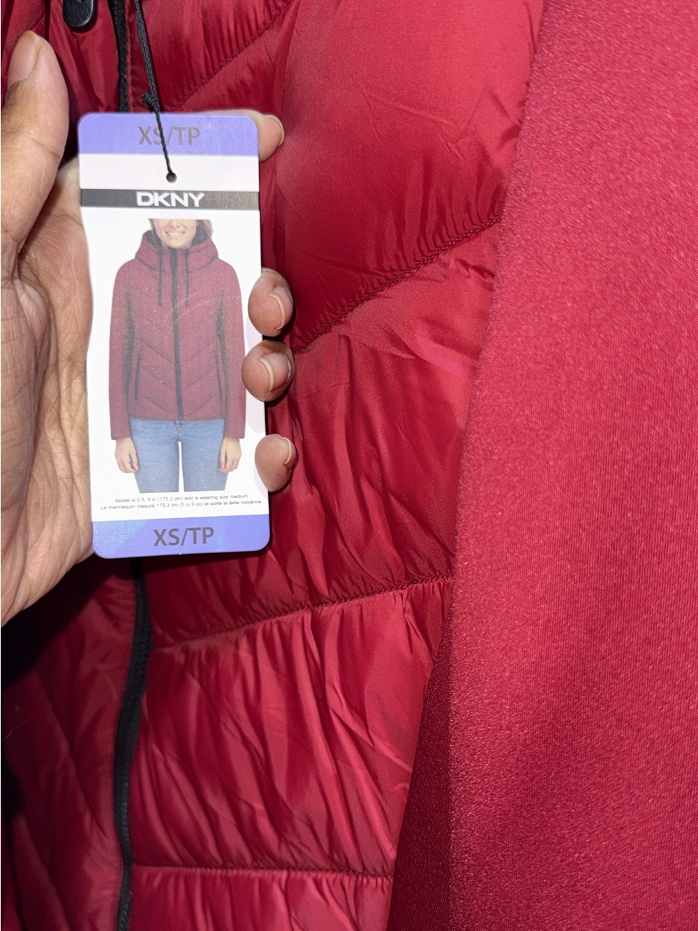 DKNY Women's Crimson Red Quilted Puffer Jacket with Hood